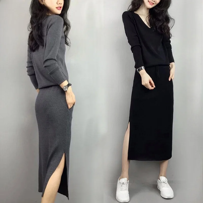 

Fashionable plus Size Women's Dress Belly Covering Knitted Wrap around Skirt V Neck Long Sleeve mid Length a Line Silhouette