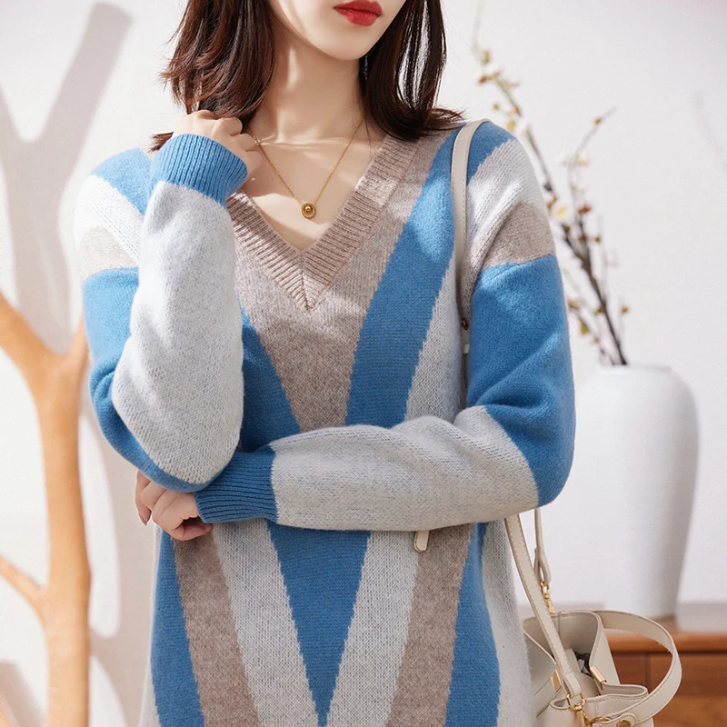 

Fashion Colorful Dress 100% Merino Wool V-Neck Women Dress Long Sleeves Clothing Color-Blocking Simple Cashmere Leisure Dress