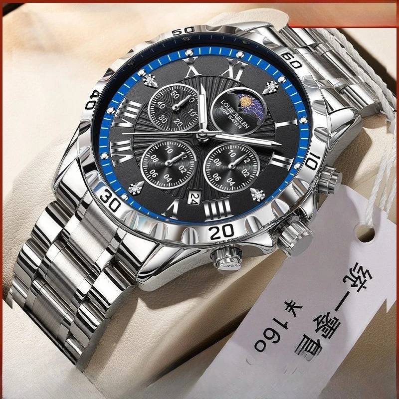 Stainless Steel New Six-Hands Moonphase Luminous Waterproof Quartz Watch for Men