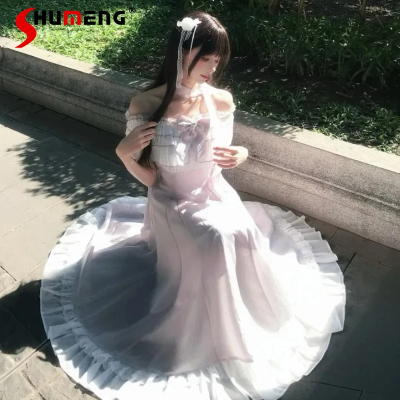 

Japanese Lolita Sheer Ruffle Vestidos Fairy-like Purple Off-the-shoulder Long Dress Slim Fit High-waisted Waist-cinching Dresses
