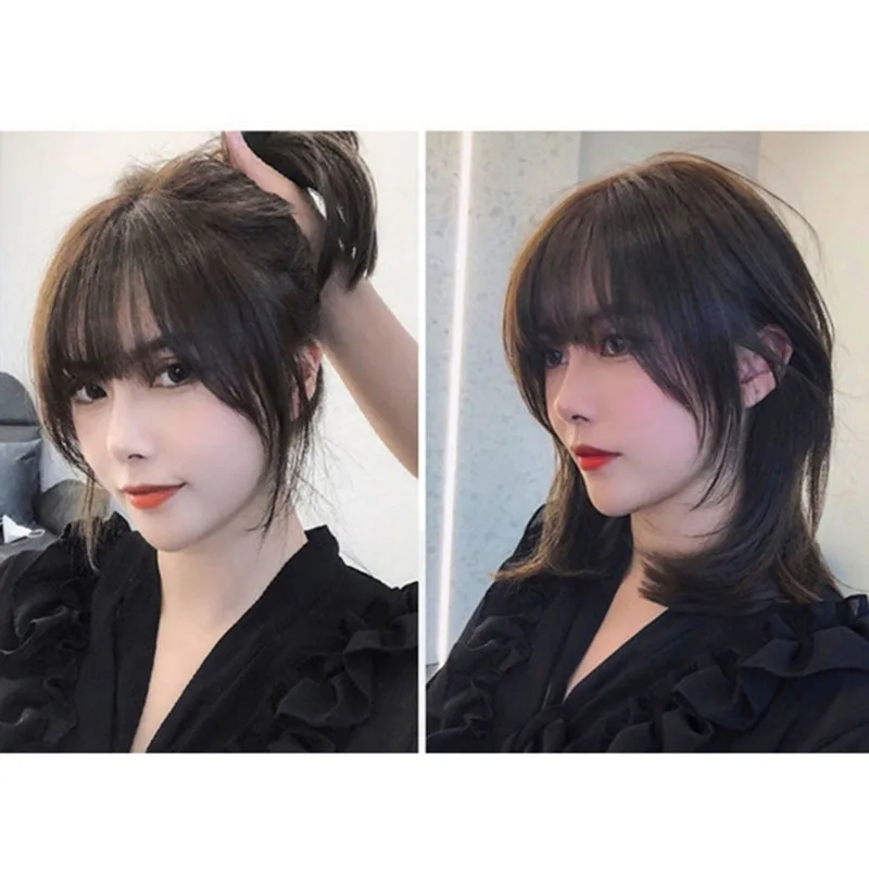 Brown Black Clip On Bangs Hair Extensions Fake Synthetic Hair Wispy Bangs Hair Clip Fringe With Temples Hairpieces Curved Bangs