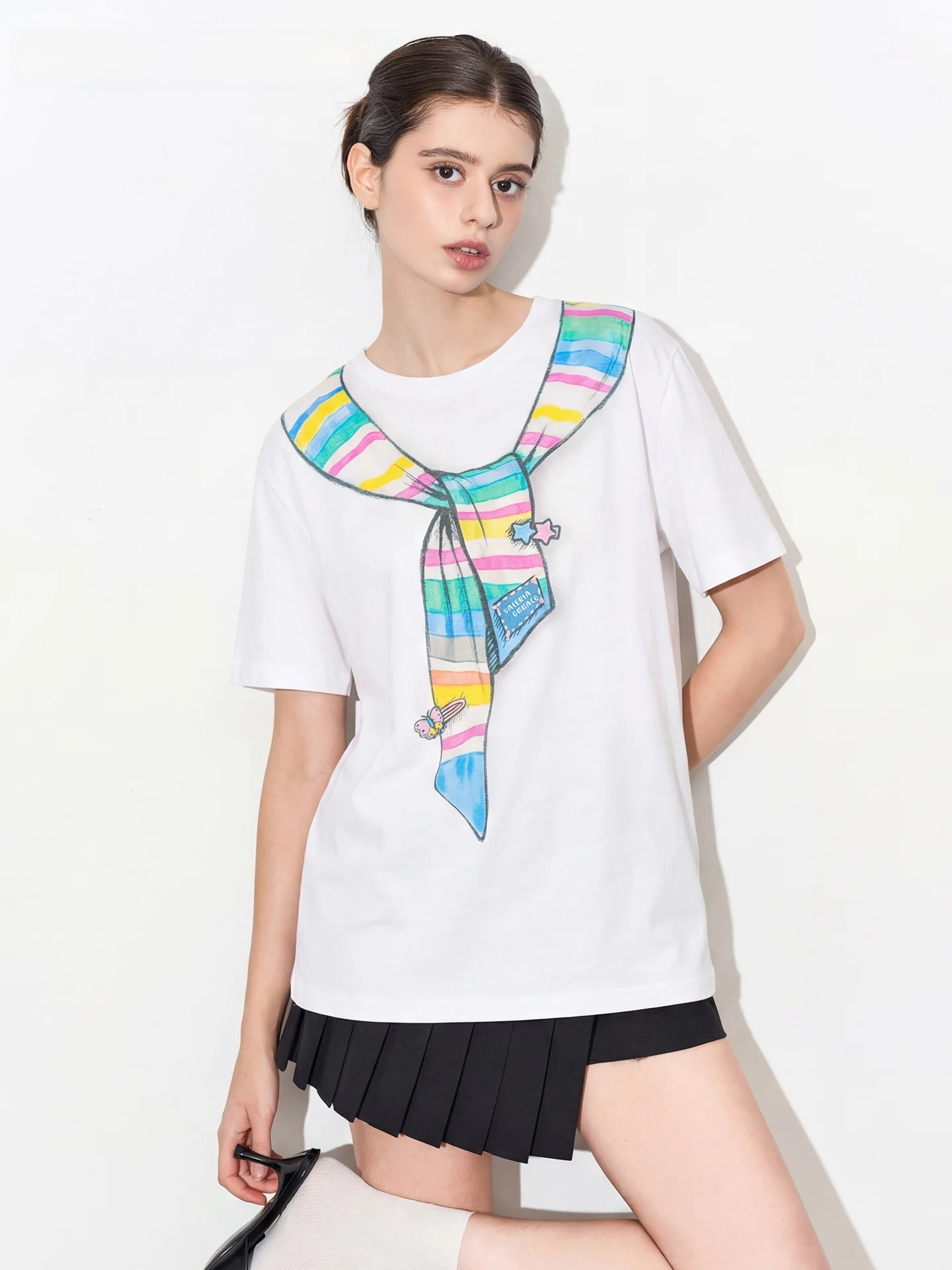 Camiseta de manga corta con estampado de arcoíris Valeria ObbacoVO, camiseta versátil con personalidad, camiseta de verano de algodón que absorbe la humedad