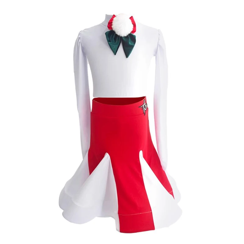 เด็กผู้หญิงชุดฝึกซ้อมเต้นรำละตินมาตรฐานแห่งชาติเสื้อแขนยาวและกระโปรงชุดปาร์ตี้คริสต์มาส