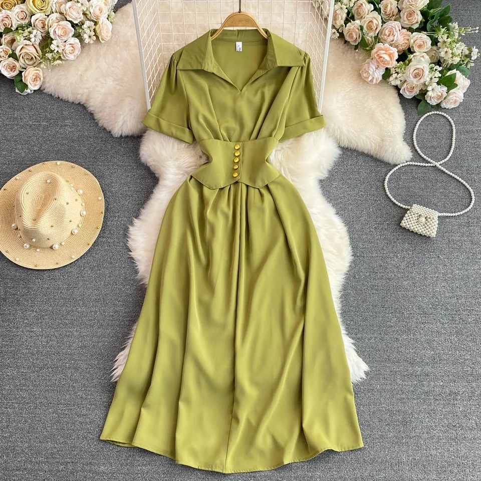 

French Shirt Dress Summer New Fashion Polo Collar Short Sleeved Slimming A-line Dress