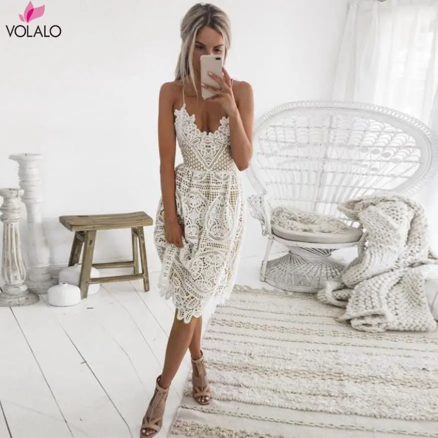 

VOLALO Sexy Party Dress Women Summer Deep V Neck Backless Lace Dresses Fashion Sleeveless Halter Bandage Midi Dress