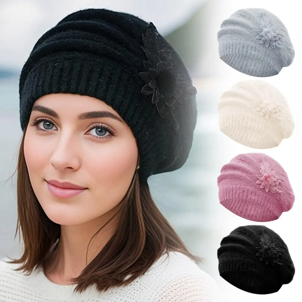 

3D Fashion Skullies Beanies Women Autumn Winter Breathable Beanies Hats For Women Flower Solid Color Soft Warm Knitted Caps U1E2