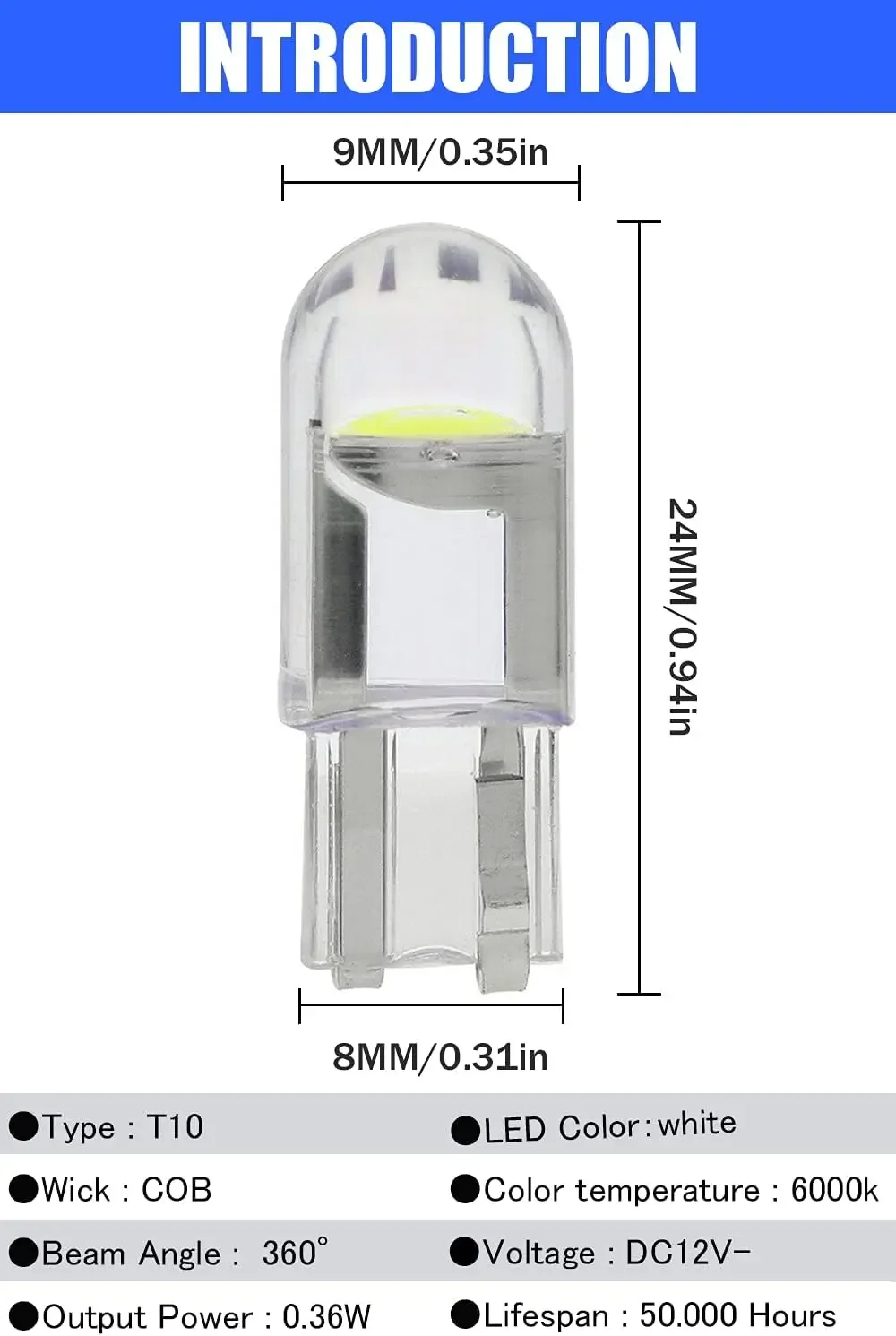 2 قطعة T10 LED لمبة W5W 194 168 192 زجاج 6000 كيلو أبيض 12 فولت قبة السيارة الداخلية/القراءة/فوتويل/المحيطة/صندوق القفازات ضوء COB