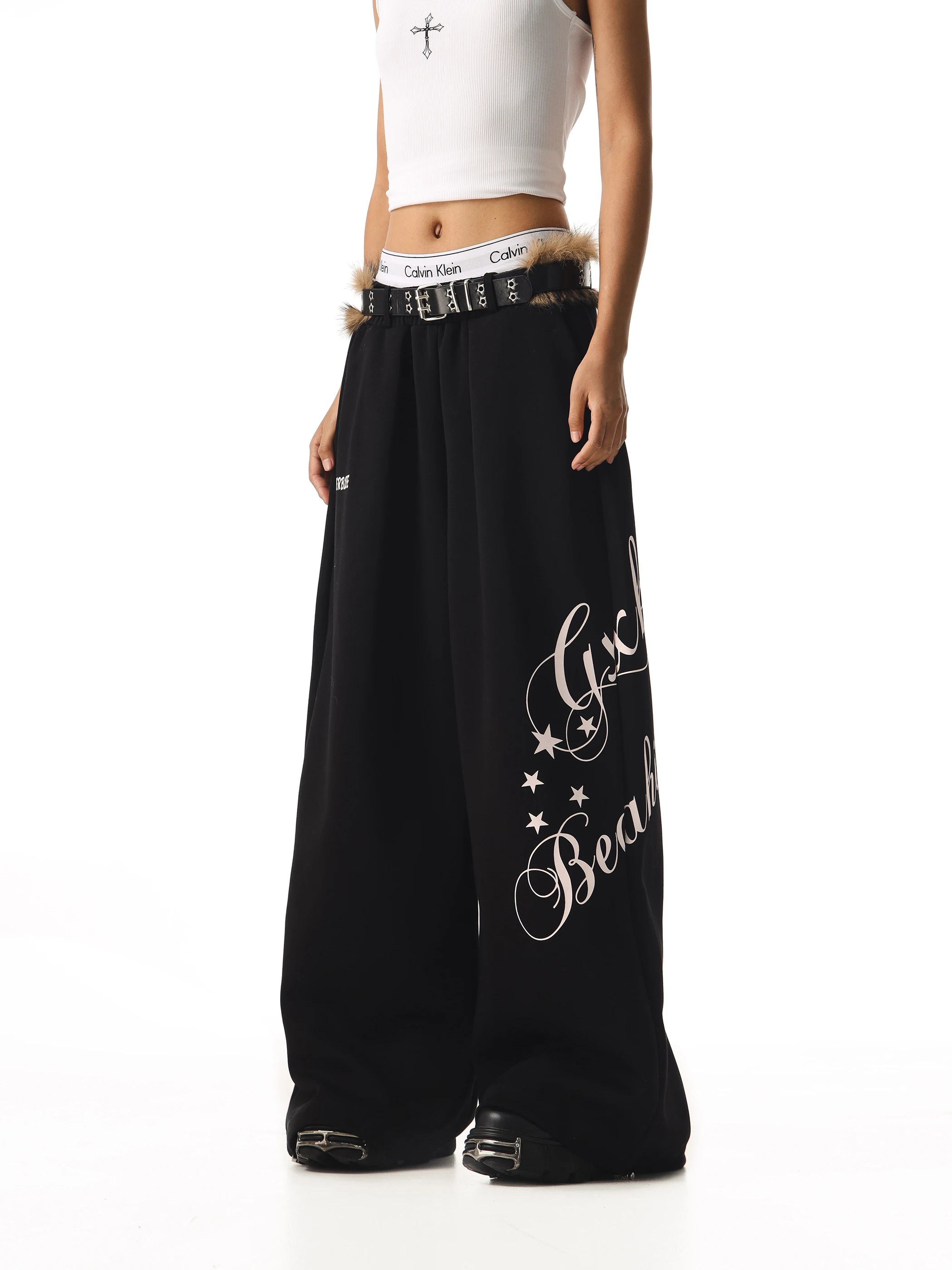 American Style Wide Leg Sweatshirt Women Loose Casual Match Belt Floor Length Pants Beer Captain C Beer Captain Design