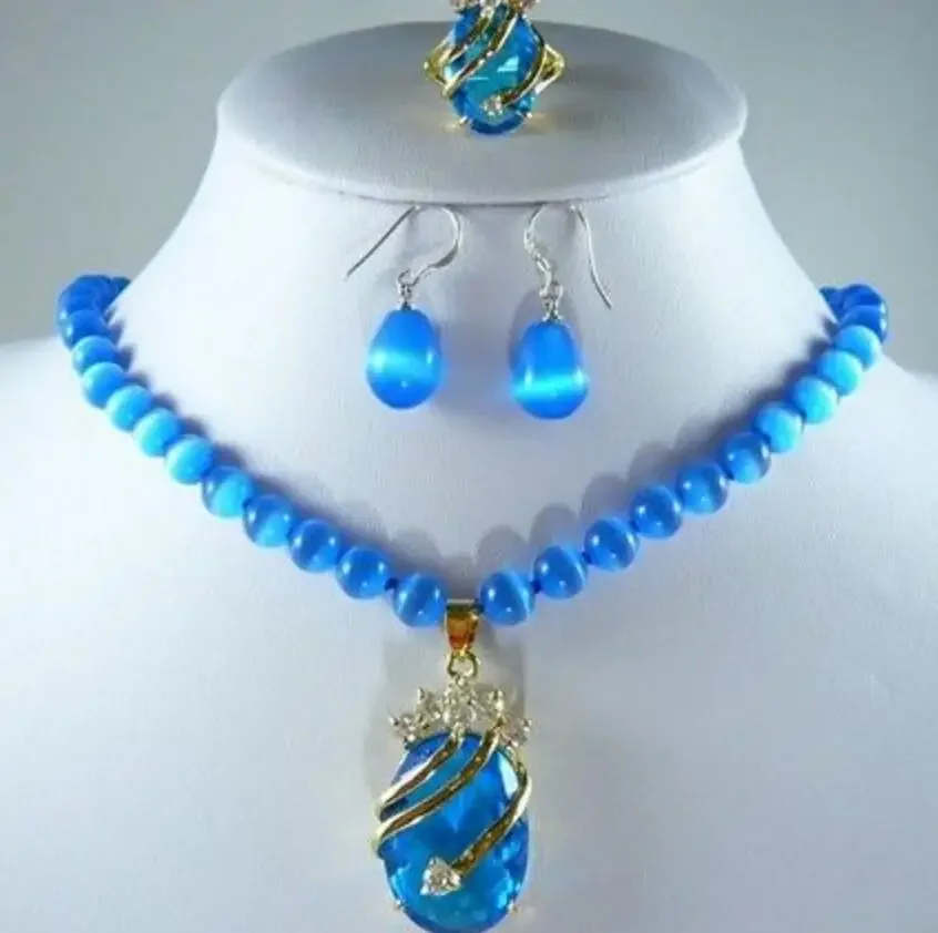 

charm blue jades/opal necklace +blue zircon pendant earring ring