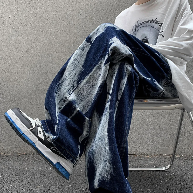 

Jeans men Tie-dye High Street Straight Denim Pants Men Baggy Fashion Trend Jean Mens Wide-leg BF Clothing