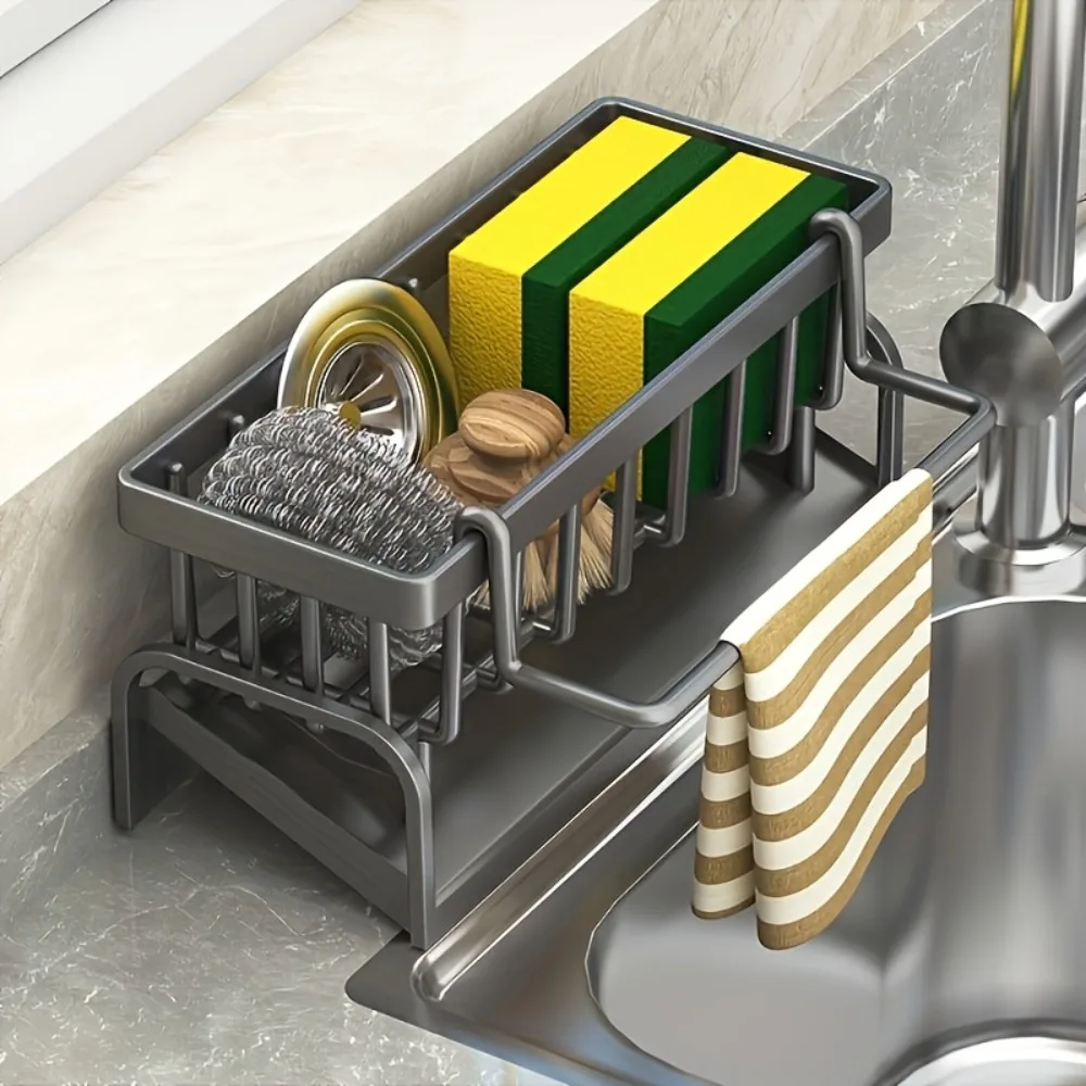 Kitchen Sink Caddy Sponge Holder, Rustproof Sink Organizer with Drain Tray for Dish Cloth Kitchen Countertop Storage Rack
