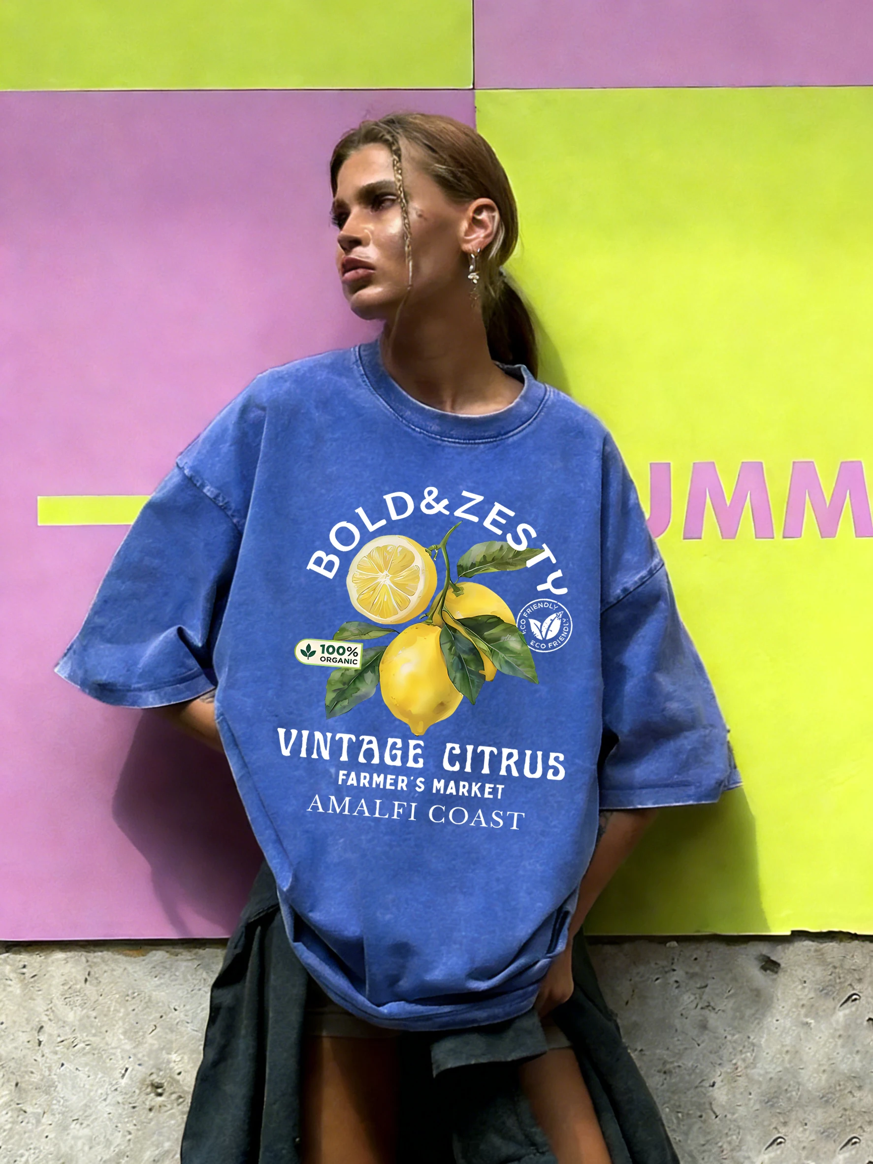 Amalfi Coast Bio-Zitronen-Prints Washed T-Shirt für Damen – Sommer-T-Shirts aus Baumwolle, lockere Passform, O-Ausschnitt, Hip-Hop, Kurzarm