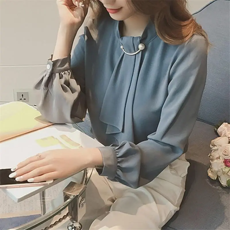 New Korean Style Ring Buckle Decoration Versatile Lantern Sleeve Head Thin Style Minimalist Base Chiffon Shirt Women's Top