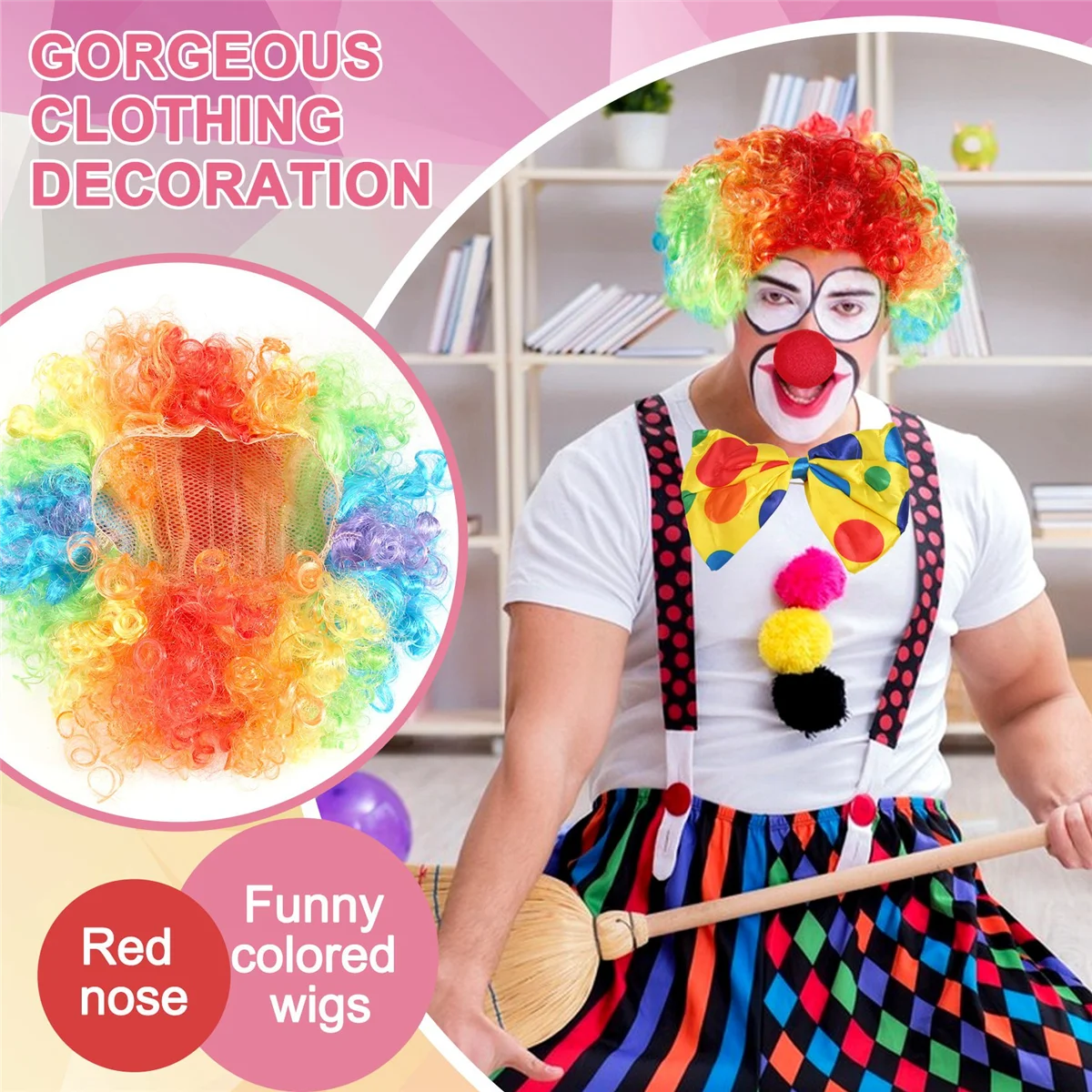 Clown Costume Clown Wig Clown Nose Accessories Bow Tie White Gloves for Women Men Adults Carnival Party HY