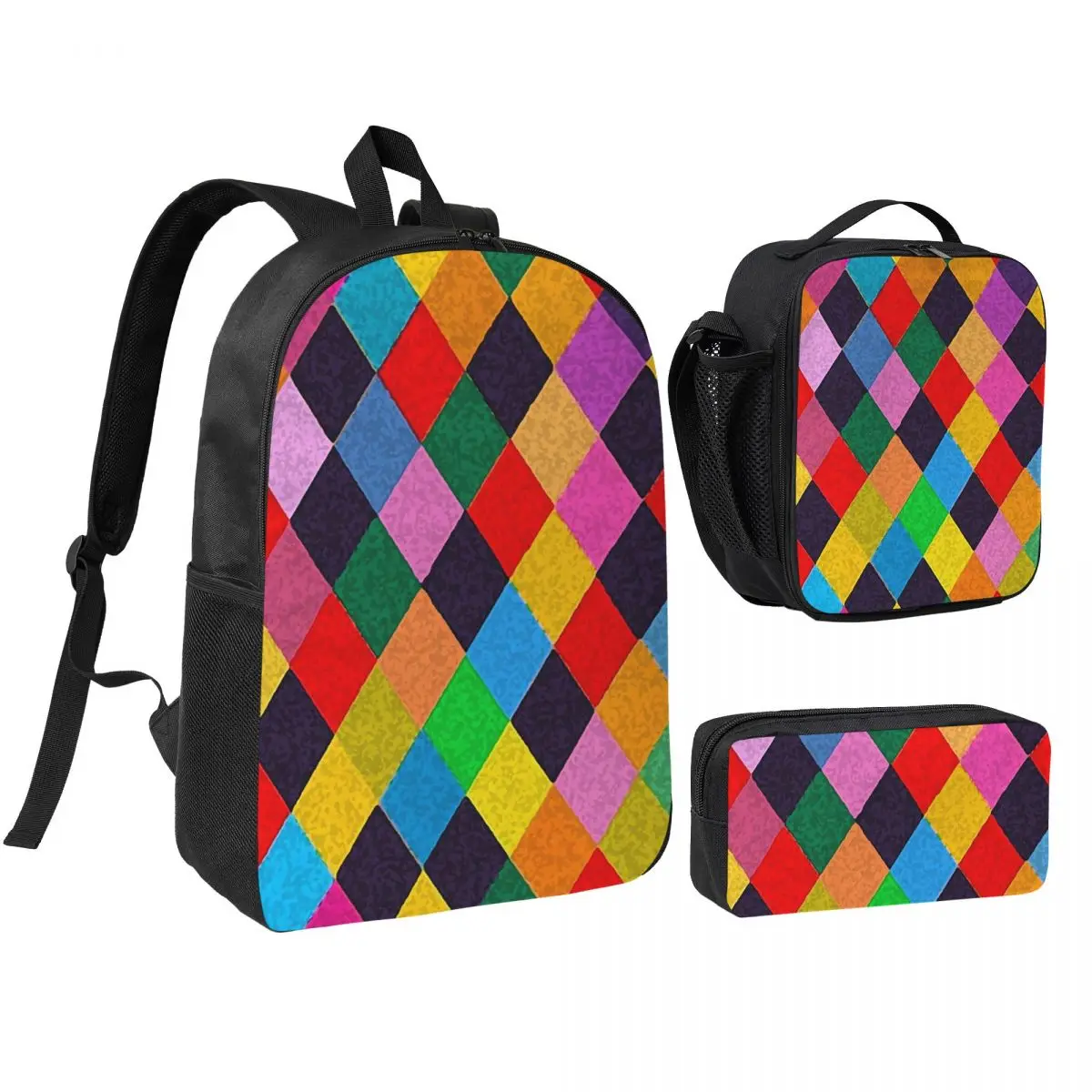 

Mardi Gras Harlequin Plaid Playing Cards Rhombi Backpack BookBag School Bag Shoulder Bags 3ps Insulated Lunch Bag Pencil Case