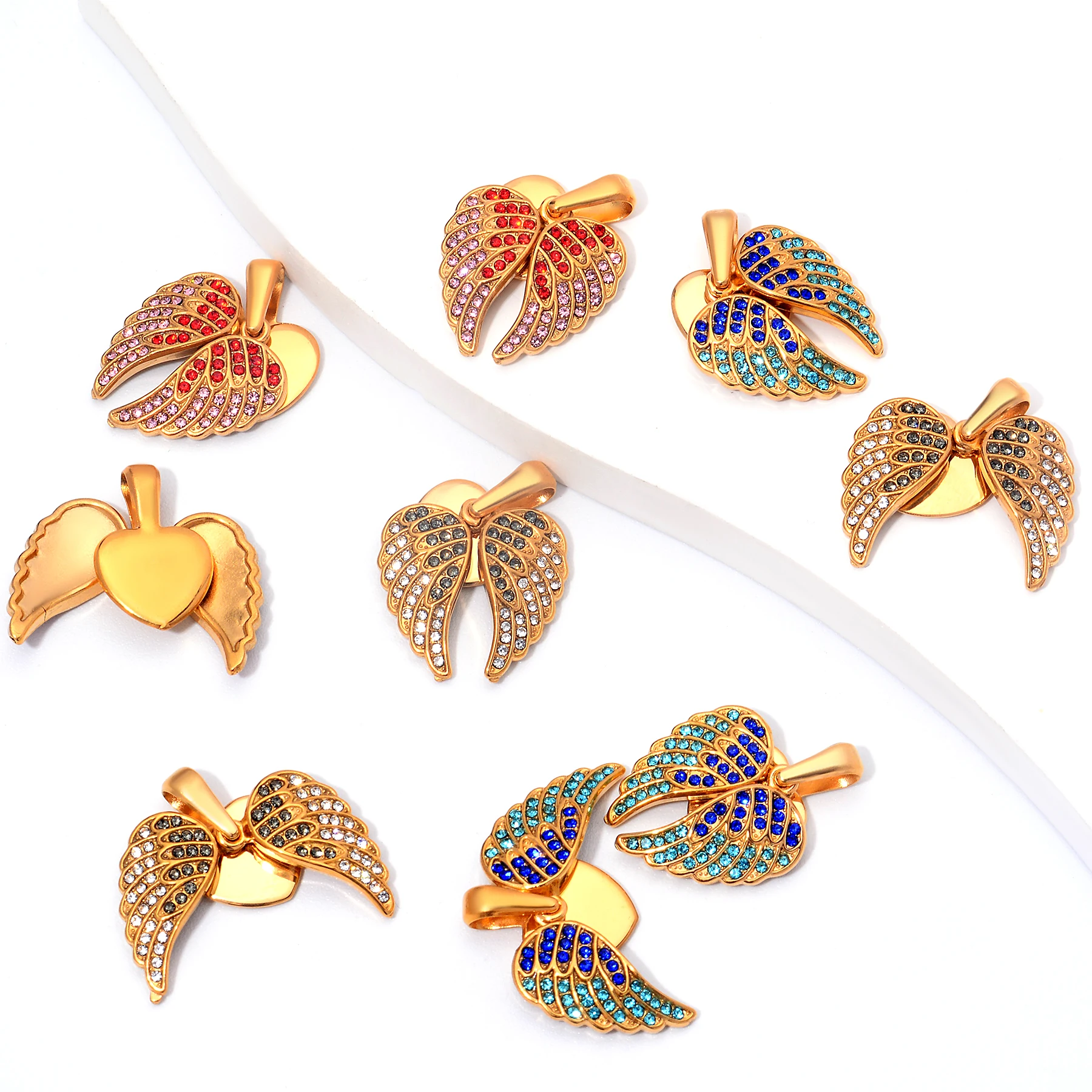 10 قطعة أجنحة الملاك على شكل قلب مع دلايات الزركون قلادة DIY بها بنفسك صنع قلادة المفاتيح اكسسوارات بالجملة