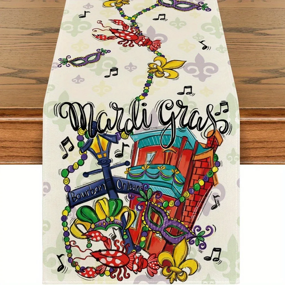 

1pc New Orleans Mardi Gras Street Carnival Table Runner Bourbon Street Mask Bead Print Vibrant Party Dinner Table Decor
