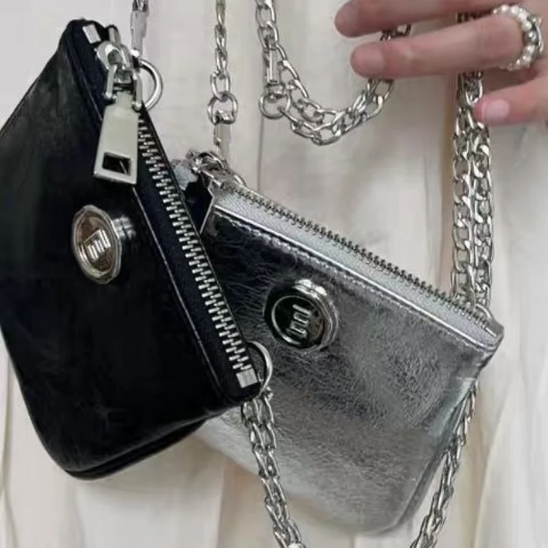 Koreański Ins modne torby Mini na ramię PU czarne srebrny zamek błyskawiczny krzyżyk torebka dla kobiet szminka ID karty kredytowej torby do przechowywania pieniędzy
