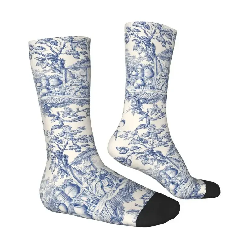 Toile De Jouy Navy Blue Motif Pattern Men Women Crew Socks Unisex Cool 3D Printed Classic French Style Dress Socks