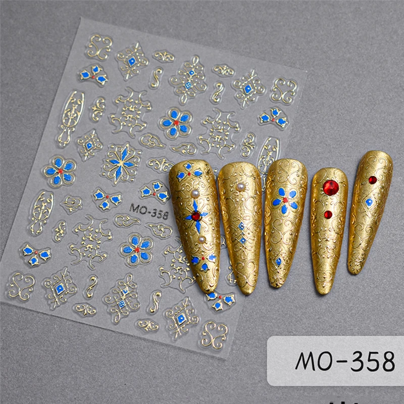 Golden Flower 3D Nail Sticker Noble Retro Court Style Nail Art Decorations Self Adhesive Butterfly Decals Manicure Nail Wrap