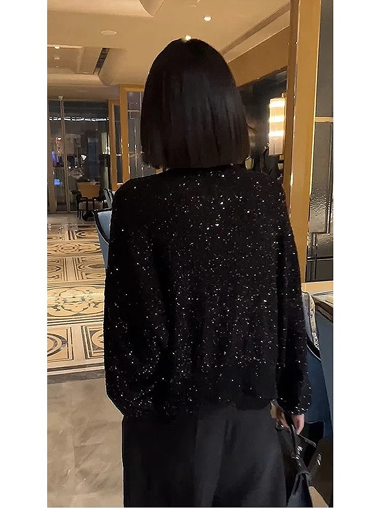 

Soft Cozy V-Ne Knitted Sweater Women's Loose Fit Autumn Winter New Sle Bla iny Particle Casual Ele Faion
