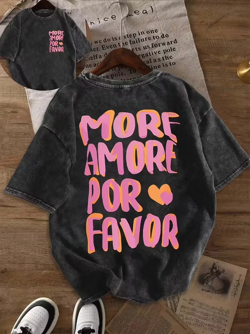 MORE AMORE POR FAVOR Graphic Print Round Neck Short Sleeve Retro Casual Daily Washed T-Shirt Top Men Women Unisex Casual Tops
