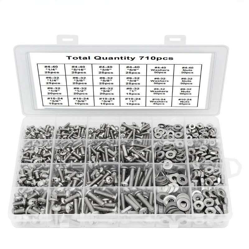 710Pcs 304 Stainless Steel American Cross Pan Head Machine Ribbon Nut/Flat Pad, Boxed Kit #4-40 #6-32 #8-32 #10-24