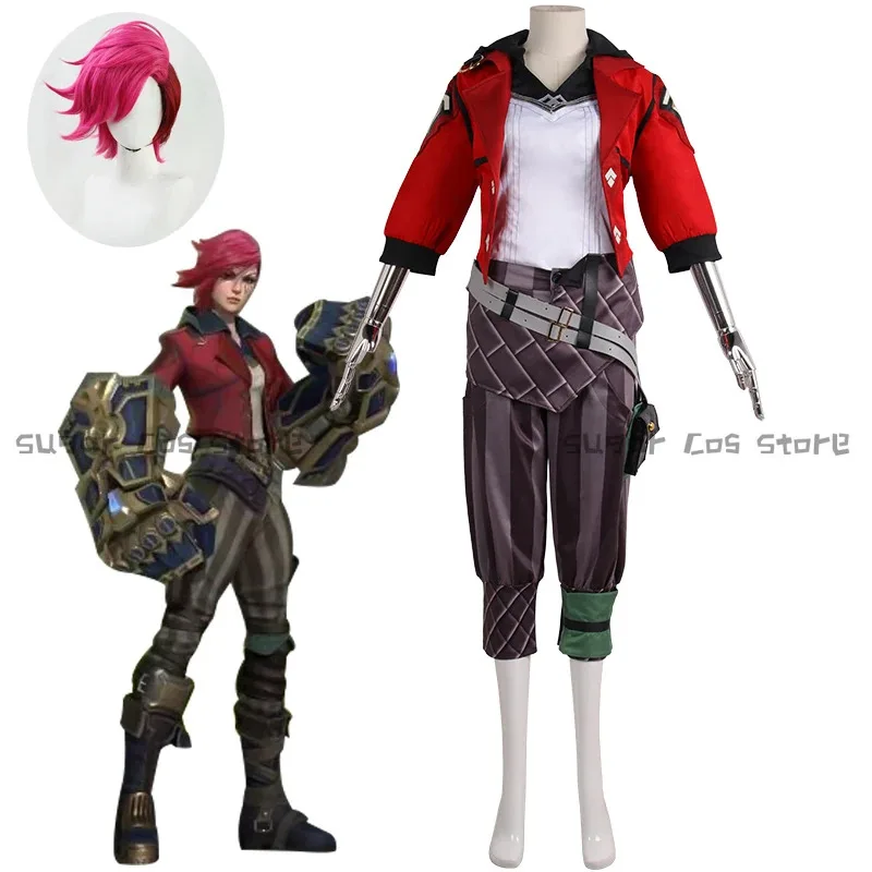 Game LOL Arcane Vi Cosplay Costume Wig Battle Outfits Rose Red Short Hair Halloween Carnival Party Suit Props For Women Menc;6,r