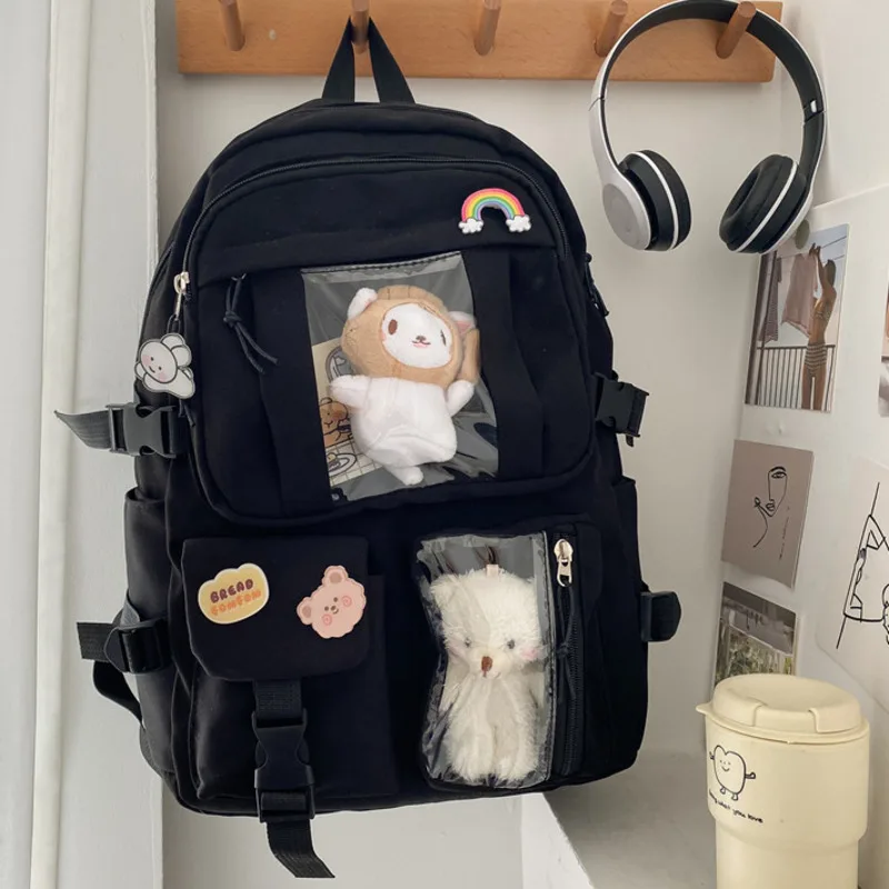 Teddy Bear Badge Backpack Korean Japanese  Chic Ins Junior High School Student Bag Girl Backpack Large Capacity Student Backpack