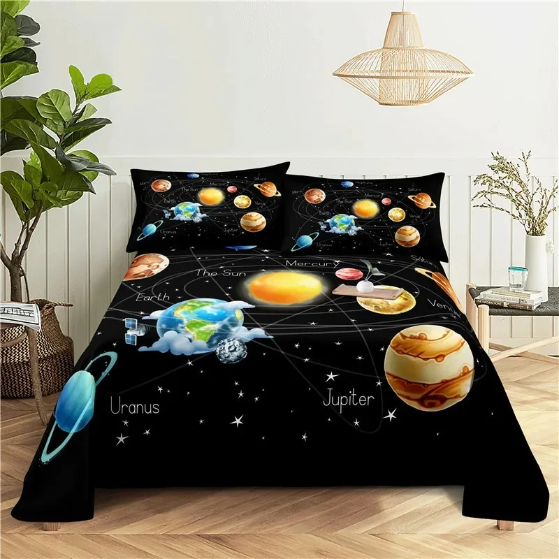 

Cosmic Planets Bed Sheet Set Soft Polyester Bed Flat Sheet With Pillowcase Romantic Universe Galaxy Print Bed Sheet Home Textile