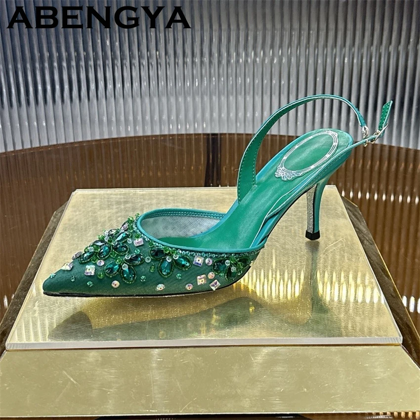2026 Summer Shining Thin High Heels Crystal Sandals For Women Pointed Toe Slingback Rome Sandals Sexy Party Wedding Brides Shoes