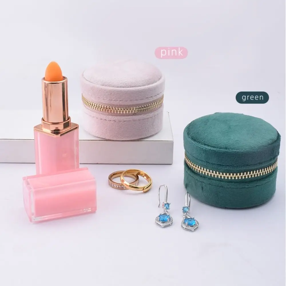 

Portable Round Shape Velvet Jewelry Box Dustproof Zipper Jewelry Case Mini Bracelet Organizer Earrings Rings Bag Girls