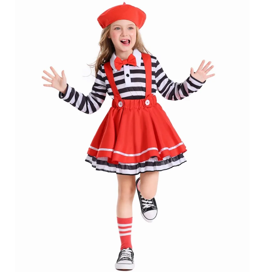 Overoles rojos para niña con camisa a rayas blancas y negras, traje de princesa, disfraz de payaso para fiesta escolar, actuación en el escenario PS66