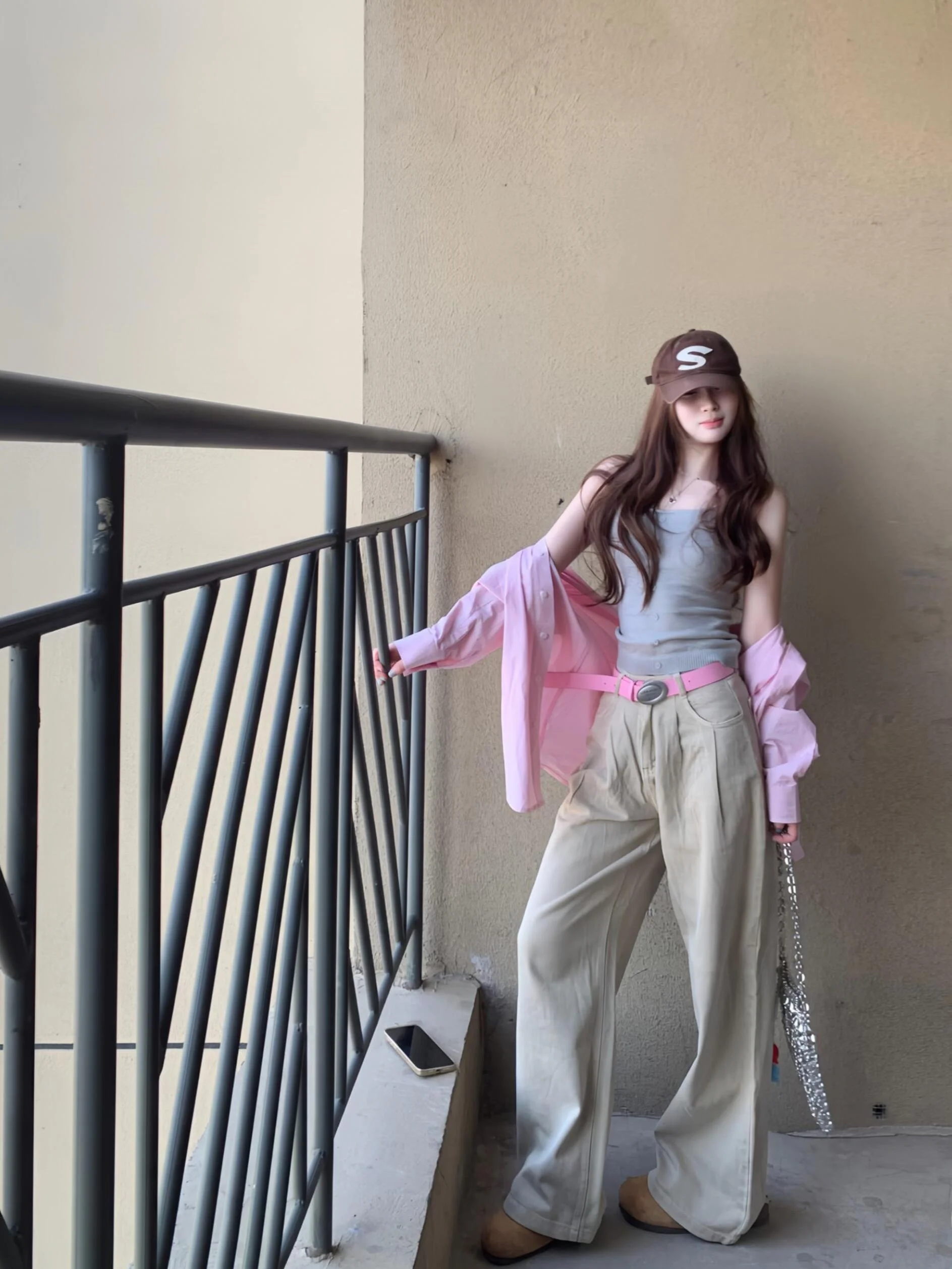 

Laid-back Style Loose Long Sleeve Shirt And Wide Leg Pants Pink Spring Slimming Two-piece Set for Women Comfortable High Waist