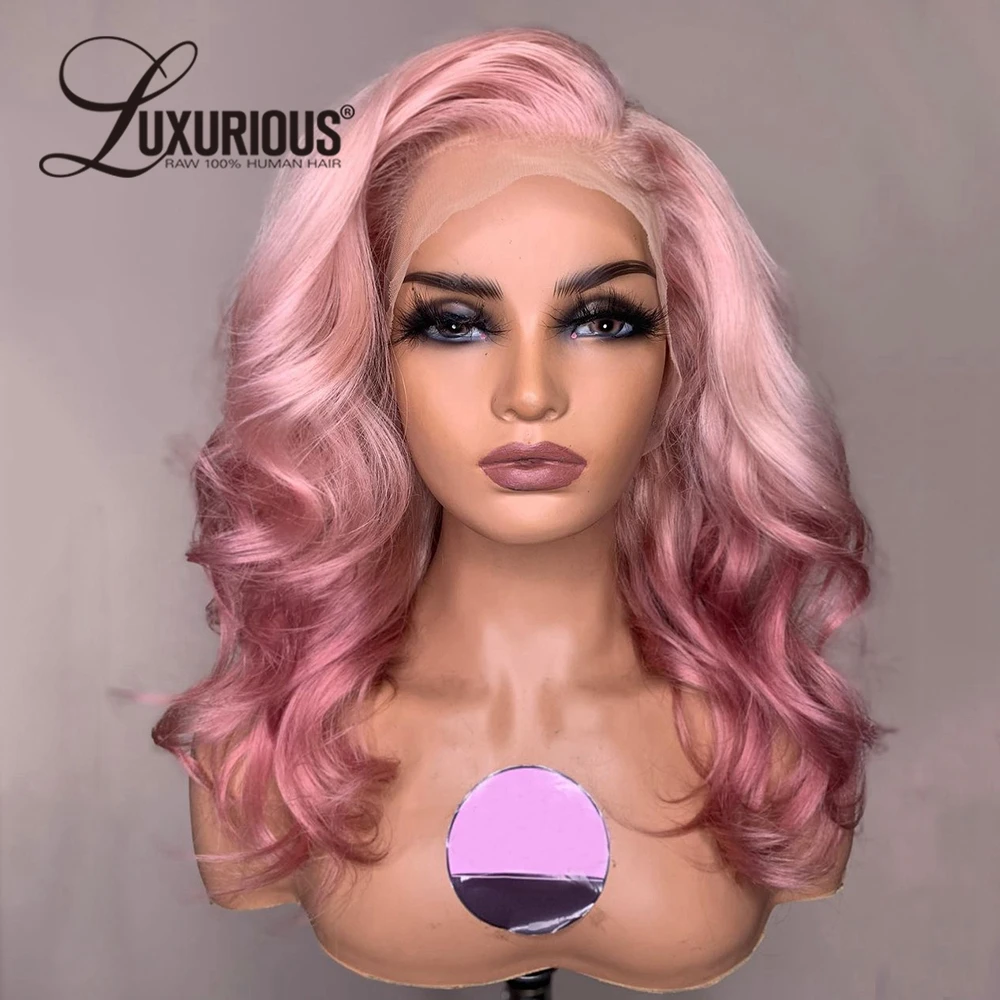 

Ombre Pink Short Glueless 5X5 Closure Wigs Remy Human Hair Body Wave Transparent Platinum Blonde Brown Color 13x4 Lace Front Wig