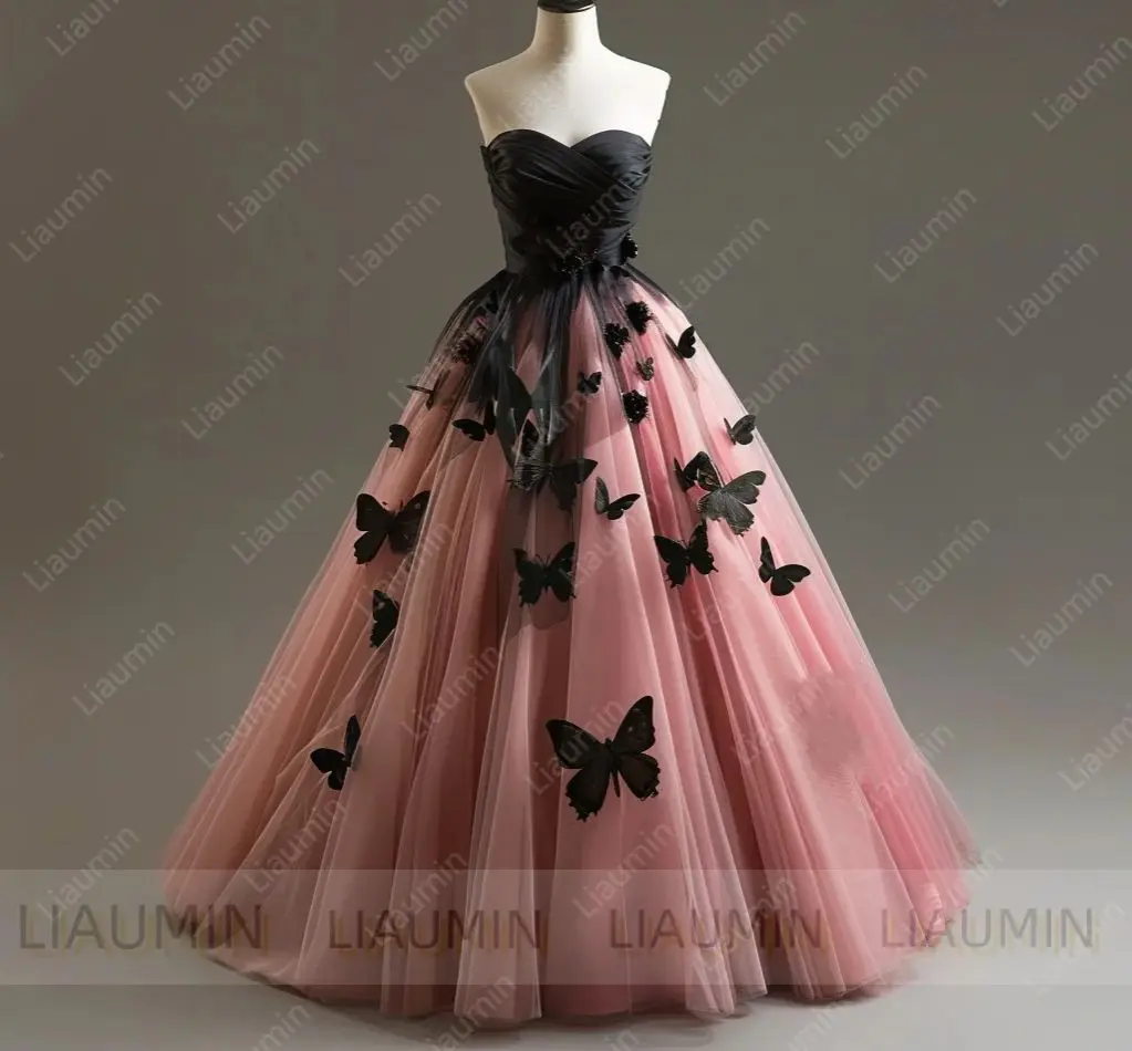 Rosa tule preto borboleta sem alças comprimento total elegante rendas voltar noite casamento formal vestidos de baile personalizado w15.30.4