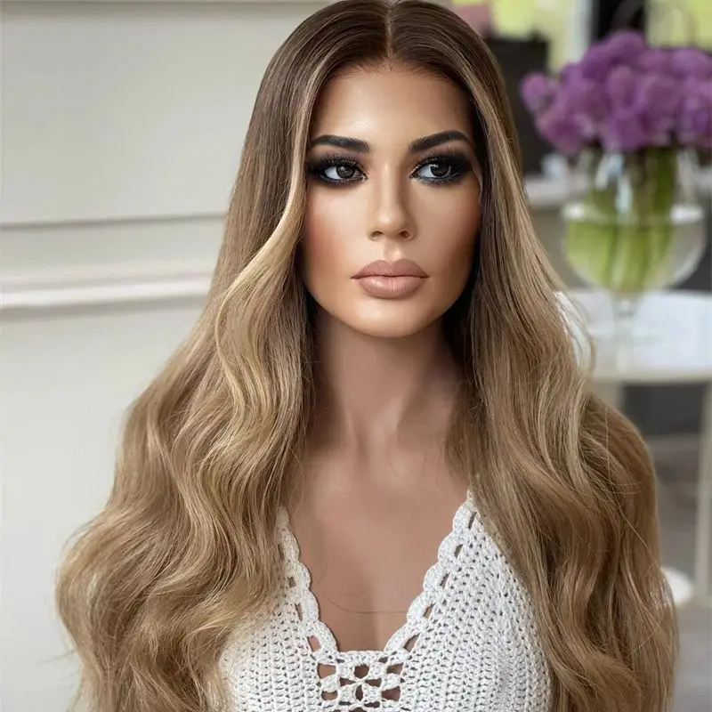 

High Quality Ombre Blonde Brown Highlights Synthetic HD Lace Front Wig with Roots For Women Long Body Wave Wig Party Daily Wigs