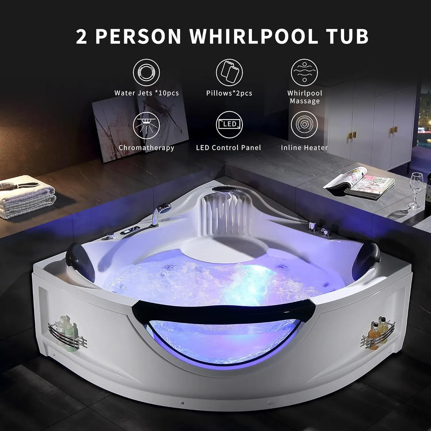 Corner Whirlpool Tub,Empava 2 Person Whirlpool Bathtub,Corner Jetted Bathtub with Heater,Corner Jetted Tub with Light,Spa Bath