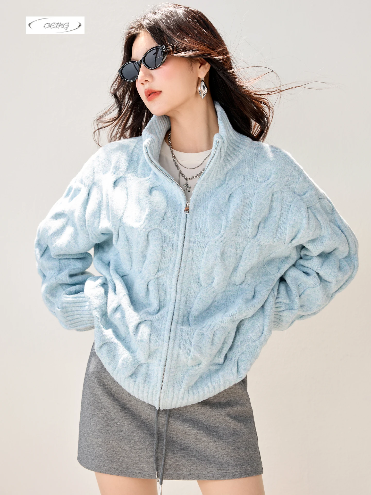 

Blue Stand Collar Thick Knitted Cardigan Coat Women Autumn Winter Fashion Long Sleeve Zipper Loose Warm Sweater Jacket Tops 6074