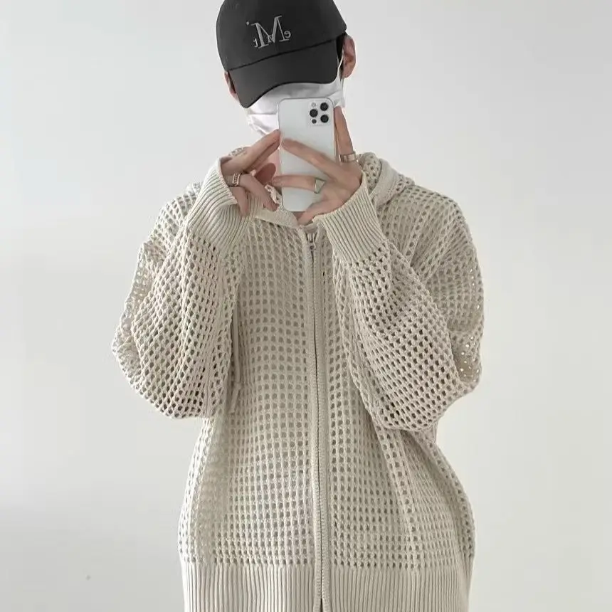 Hoodie Uniseks Kardigan Rajutan Berkerudung Berlubang Trendi untuk Pria Mantel Sweter Ritsleting Longgar Musim Semi Musim Gugur Pakaian Luar Kasual