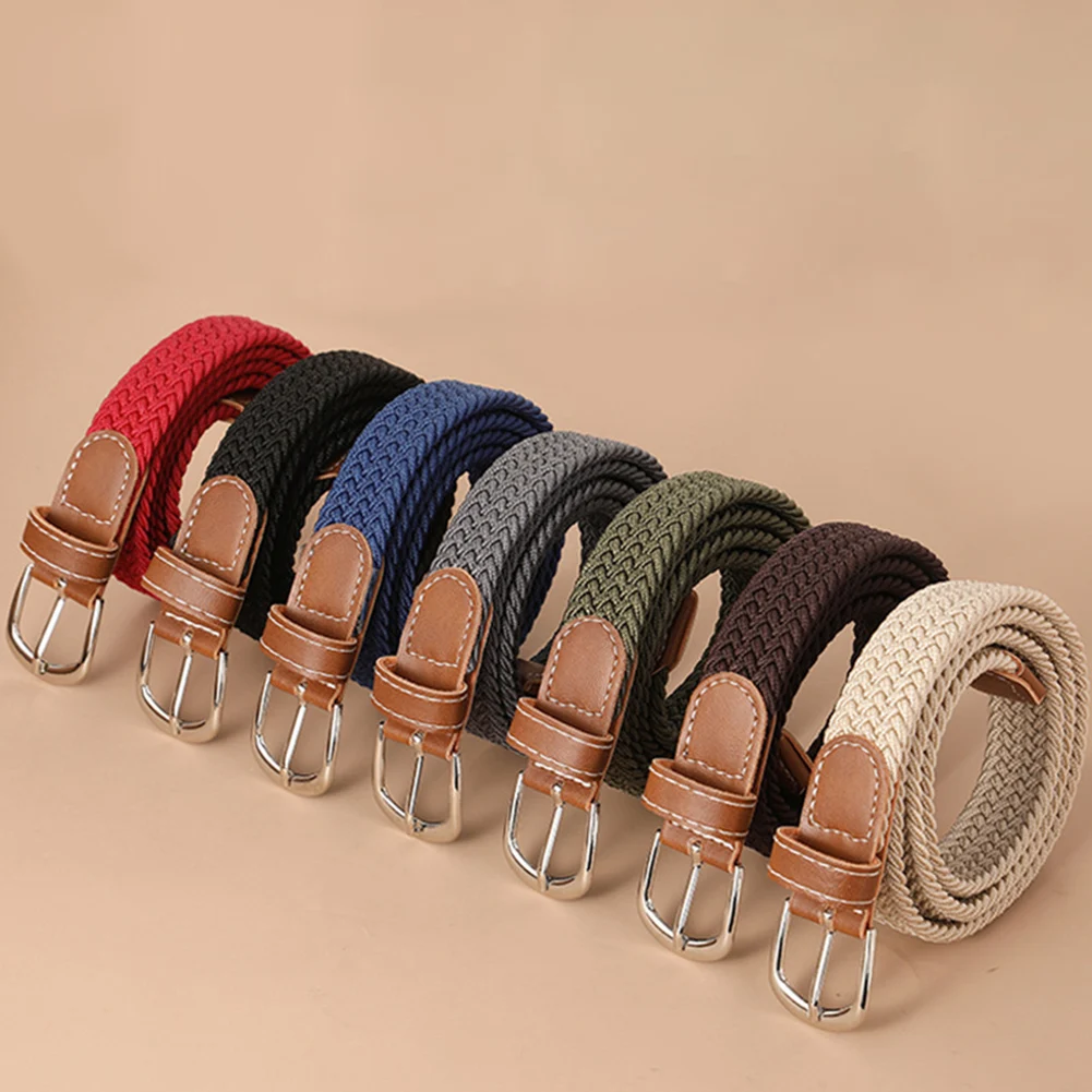 High Quality Women Men Knitted Silver Pin Buckle Belt Woven Canvas Elastic Braided Stretch Belts Solid Color Plain Webbing Strap