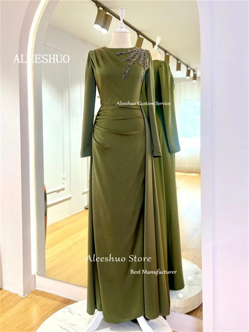 Vestidos de Noche modestos de Dubái árabe de manga larga con cuello redondo, vestido de fiesta con cuentas de tren acoplables para mujer, vestido