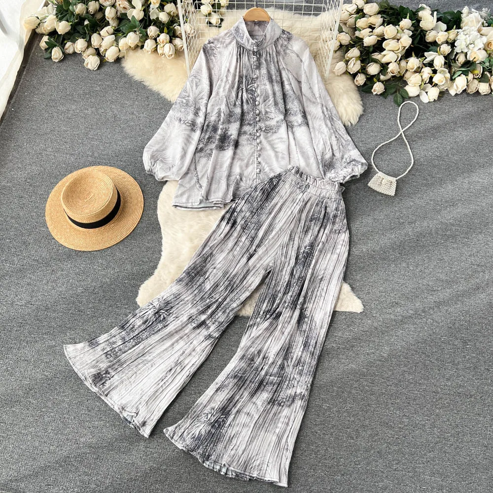 New Autumn Printing Loungewear Women Set Lantern Sleeve Half High Neck Loose Shirt+Wide Leg Pleated Pants Two Piece Pajama Sets