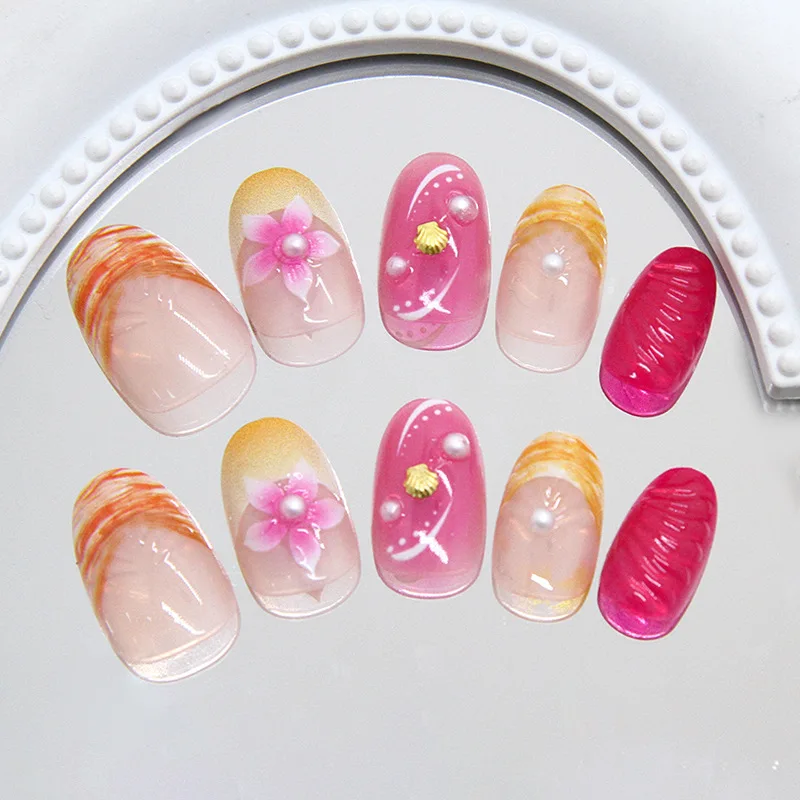 

24PCS 3D Shell Pearl Press on Nails Full Cover Colorful French Sweet Almond Fake Nails for Women Wearable Nail Art with Charm