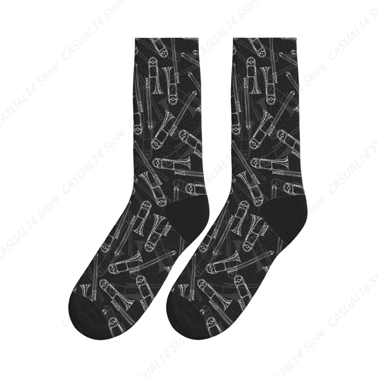 

Black And White Trombones Athletic Crew Socks For Women Men Novelty Sports Socks