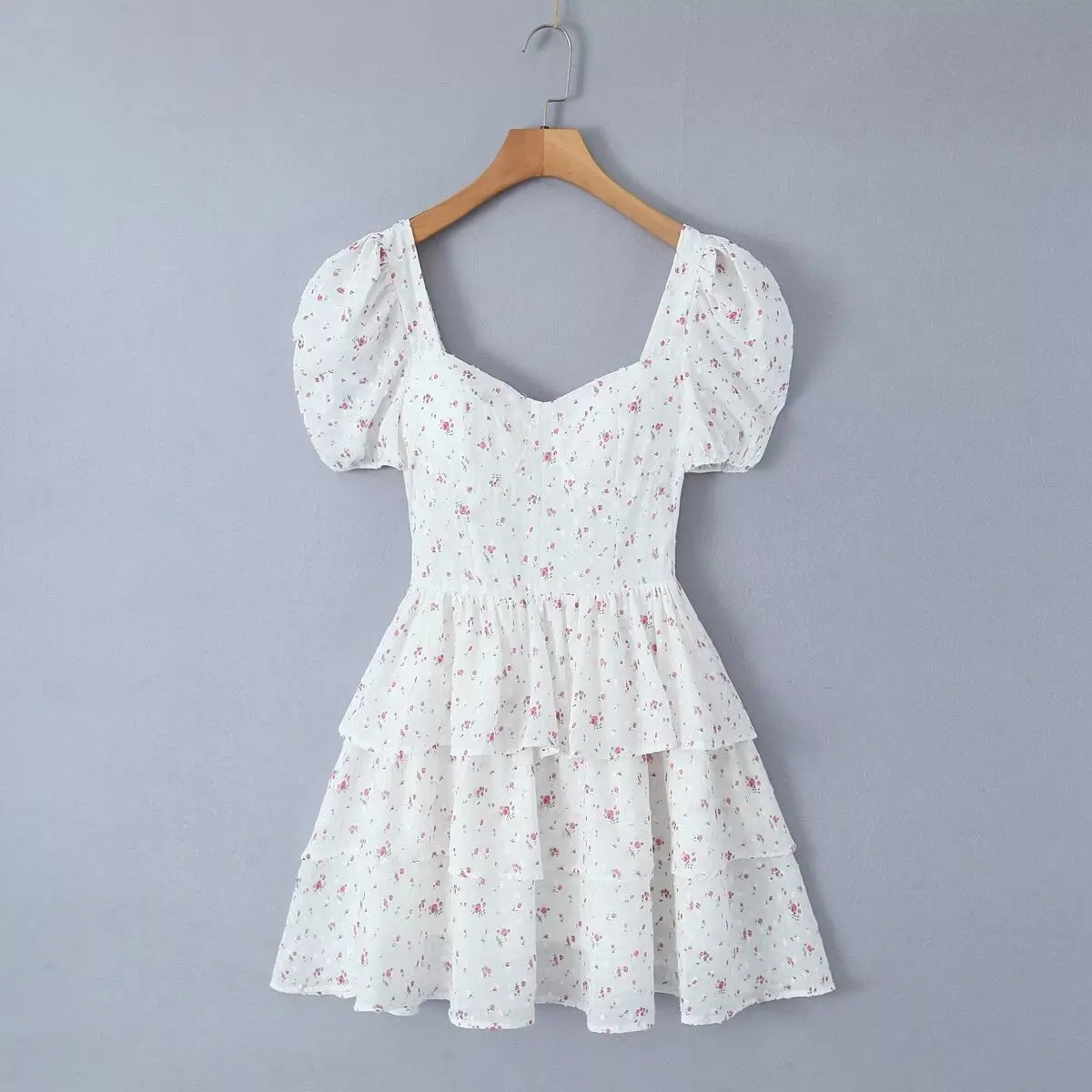 Sweet Floral Print Tea Party Dresses Elegant Women Vintage Puff Sleeve Summer Ladies Cake Mini Dress Beautiful Robe