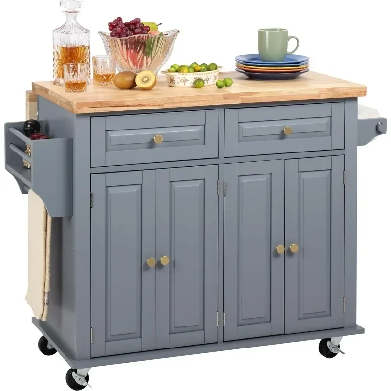 LRolling Kitchen Island，Thicken Rubberwood Top With Drop Leaf,Spice Rack, Towel Rack, Drawer, 43.3