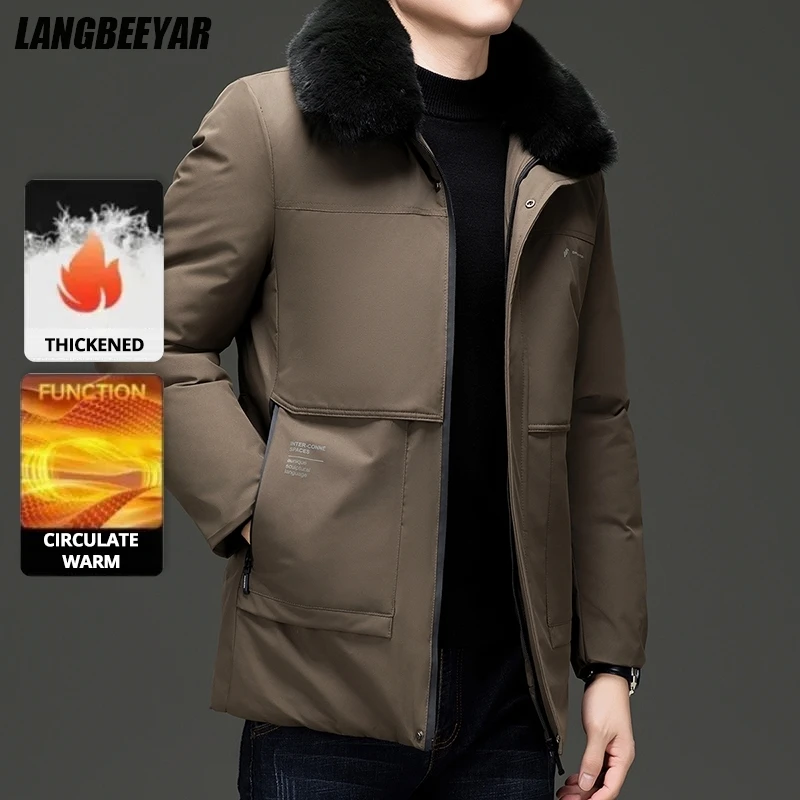 

Высококачественная мужская зимняя парка с утолщенной флисовой подкладкой, ветровка, пальто, деловой отложной воротник, съемный меховой воротник