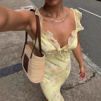 Summer Flower Printed Women's Sexy Low-cut Dress Sleeveless Backless Slim Sling Dresses 2025 Beach Vacation Lady Vestidos 3