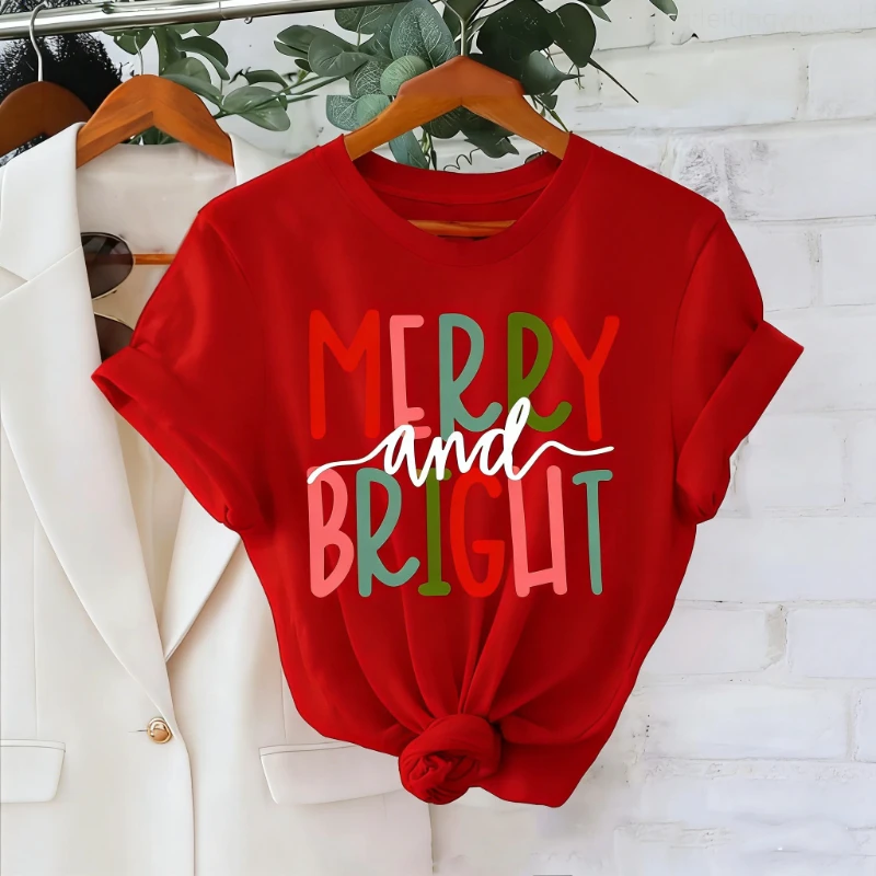 Merry and Bright Letter Print T-Shirt Sleeve Crew Neck Casual with Red Green Holiday Design Aesthetic Clothes Unisex T-shirt